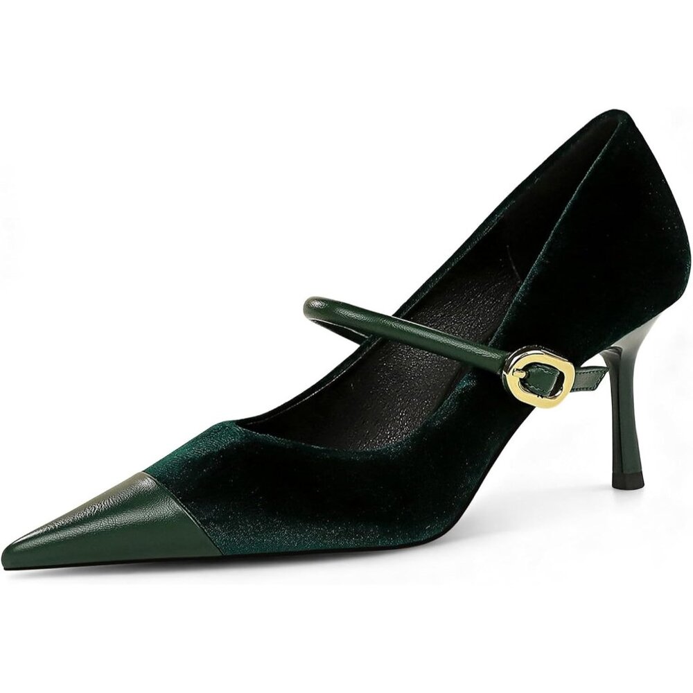 Women's Green Pointed Toe Stiletto Slip On Single-Strap Comfortable Pumps Heel